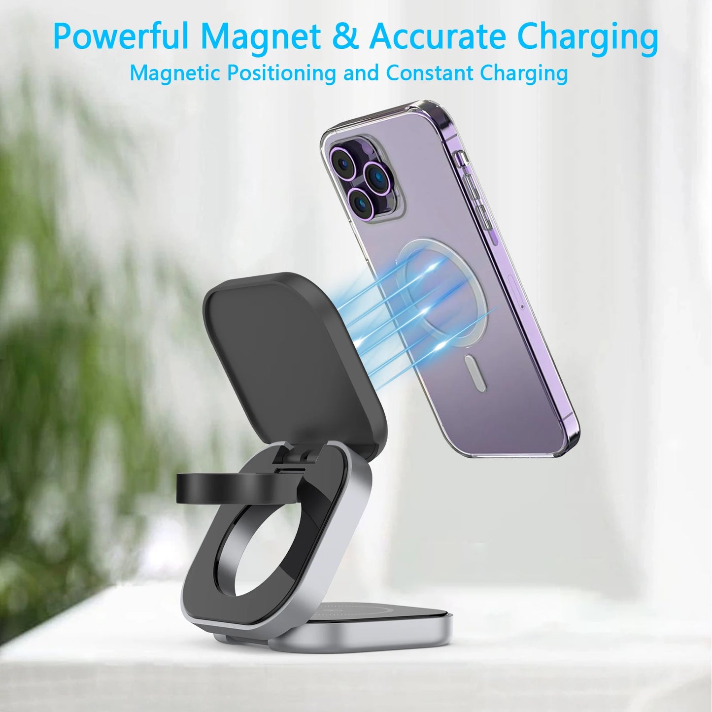 3-in-1 Foldable Magnetic Wireless Charger Stand – 15W Fast Charging Dock for iPhone, Apple Watch & AirPods
