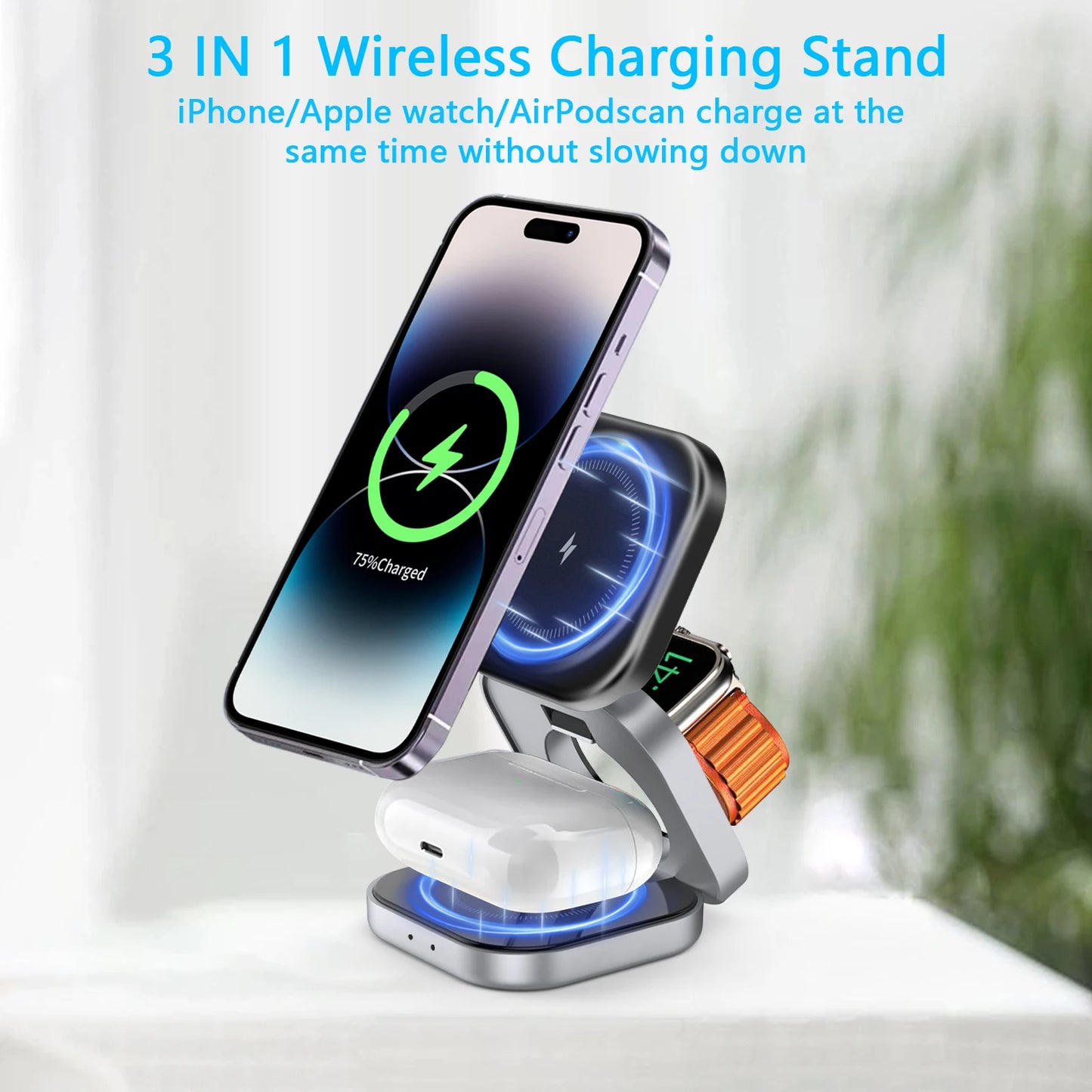 3-in-1 Foldable Magnetic Wireless Charger Stand – 15W Fast Charging Dock for iPhone, Apple Watch & AirPods