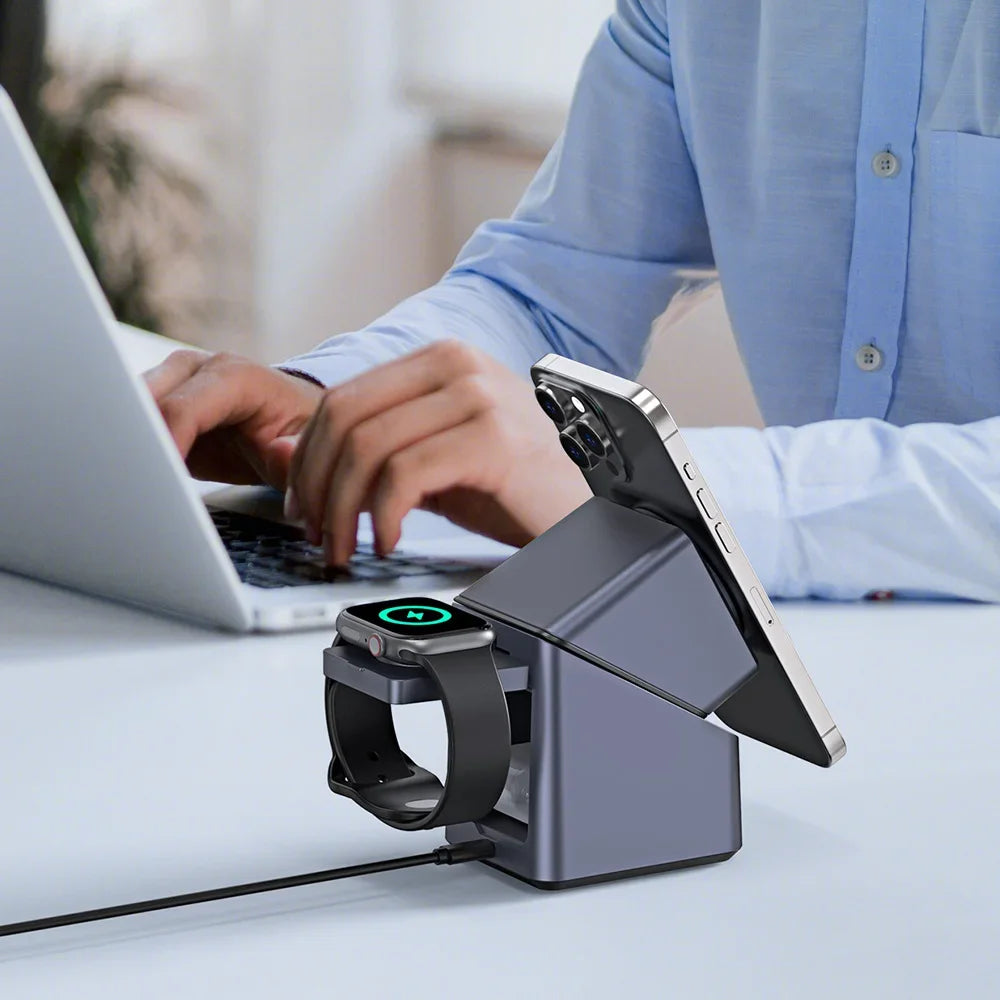 4-in-1 Magnetic Wireless Charging Station with 180° Auto-Rotate & LED Clock – Fast Charger for iPhone 12–16, Apple Watch & AirPods Pro