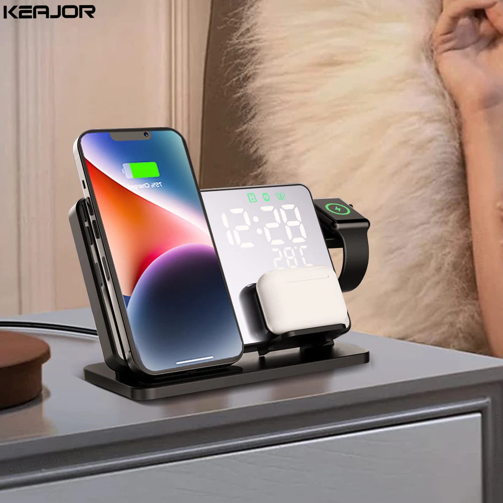 3-in-1 Mirror Wireless Charging Station with Alarm Clock – Fast Charger for iPhone 12–15 Pro Max, Apple Watch & AirPods