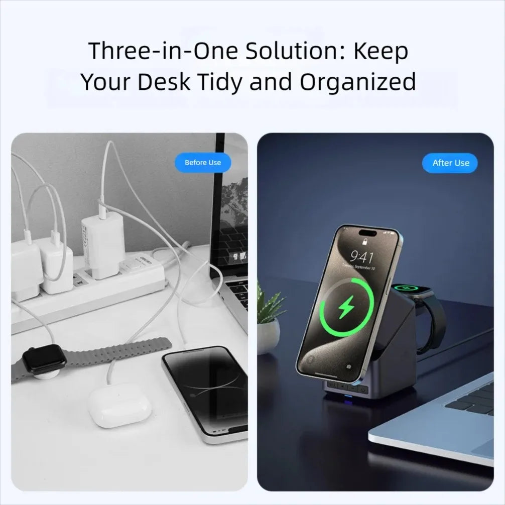 4-in-1 Magnetic Wireless Charging Station with 180° Auto-Rotate & LED Clock – Fast Charger for iPhone 12–16, Apple Watch & AirPods Pro