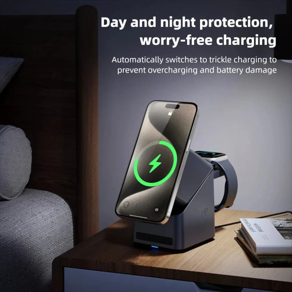 4-in-1 Magnetic Wireless Charging Station with 180° Auto-Rotate & LED Clock – Fast Charger for iPhone 12–16, Apple Watch & AirPods Pro