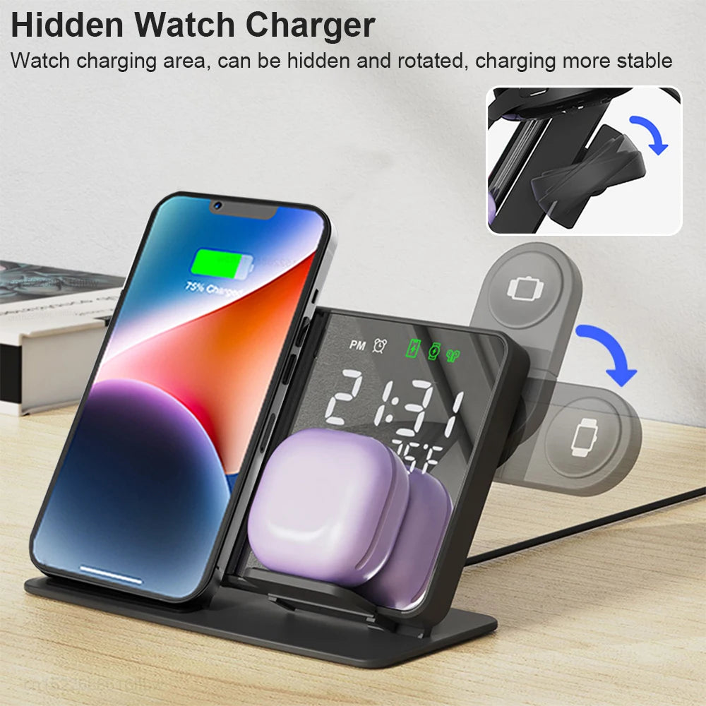 3-in-1 Mirror Wireless Charging Station with Alarm Clock – Fast Charger for iPhone 12–15 Pro Max, Apple Watch & AirPods