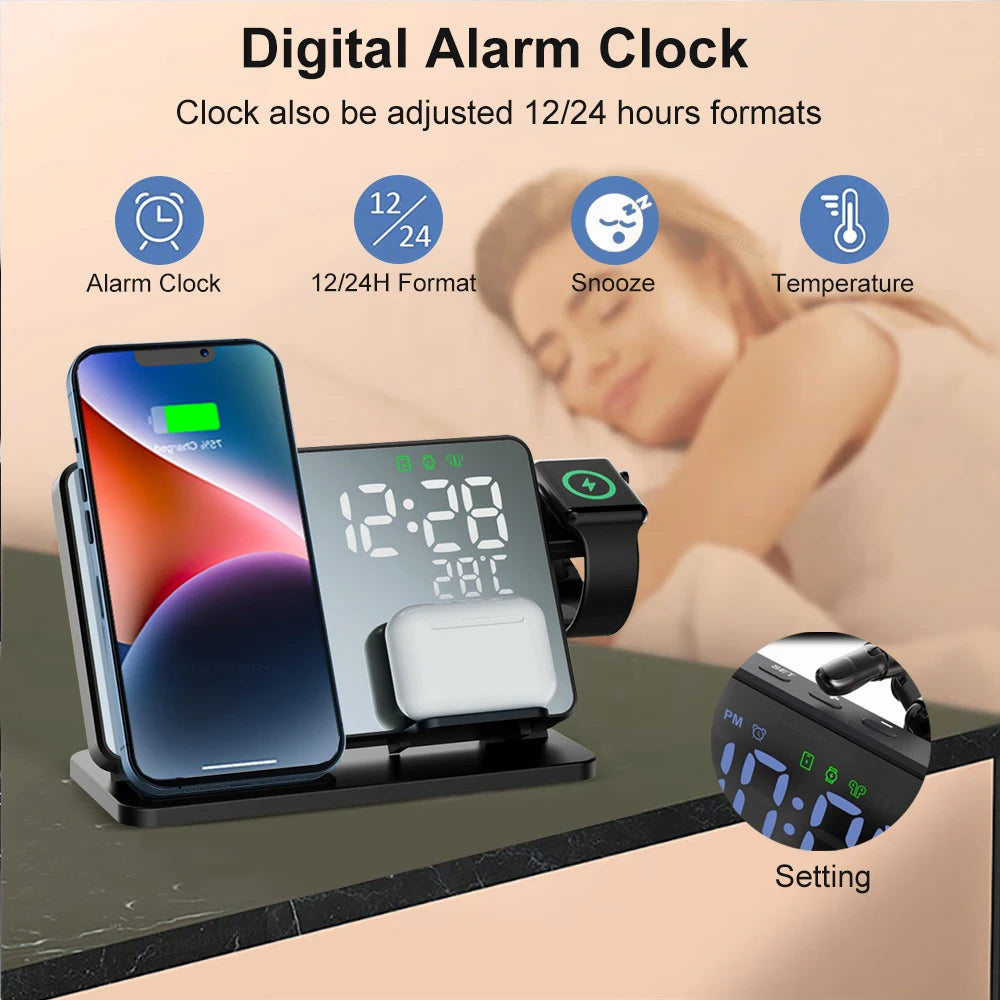 3-in-1 Mirror Wireless Charging Station with Alarm Clock – Fast Charger for iPhone 12–15 Pro Max, Apple Watch & AirPods