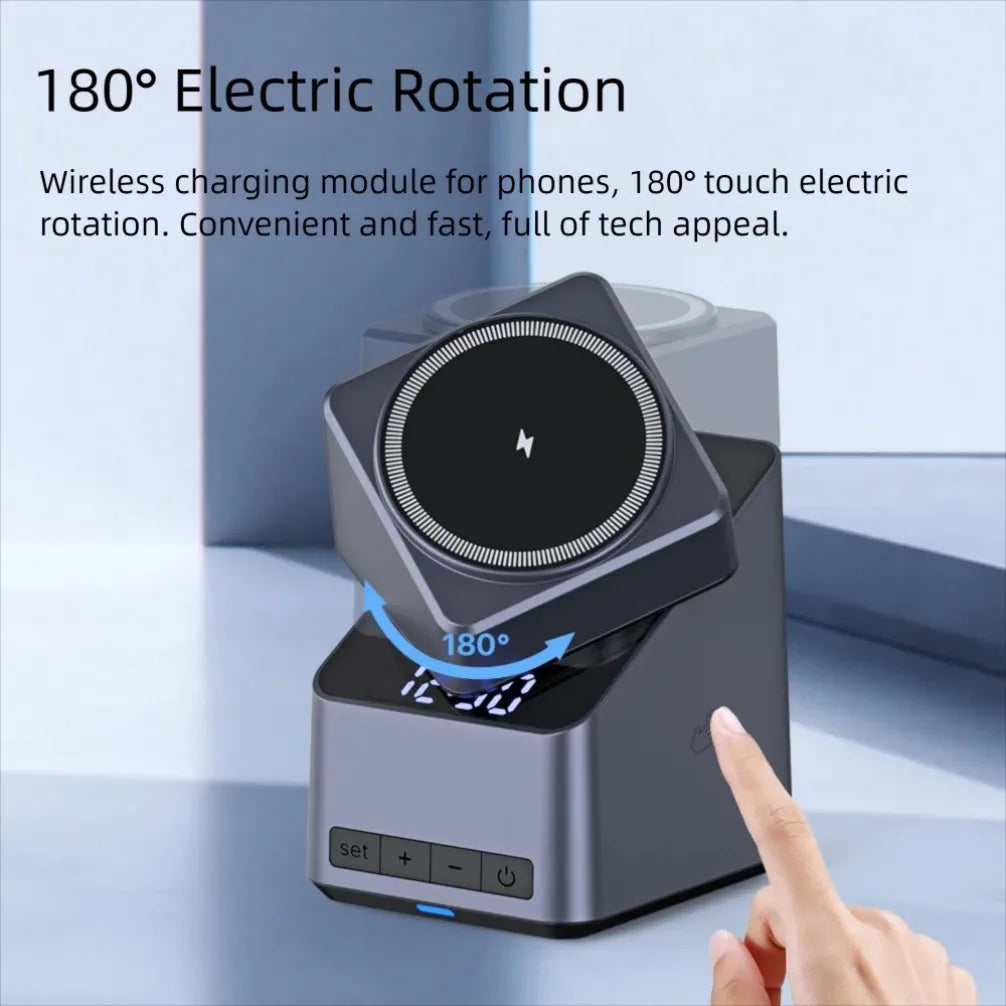 4-in-1 Magnetic Wireless Charging Station with 180° Auto-Rotate & LED Clock – Fast Charger for iPhone 12–16, Apple Watch & AirPods Pro