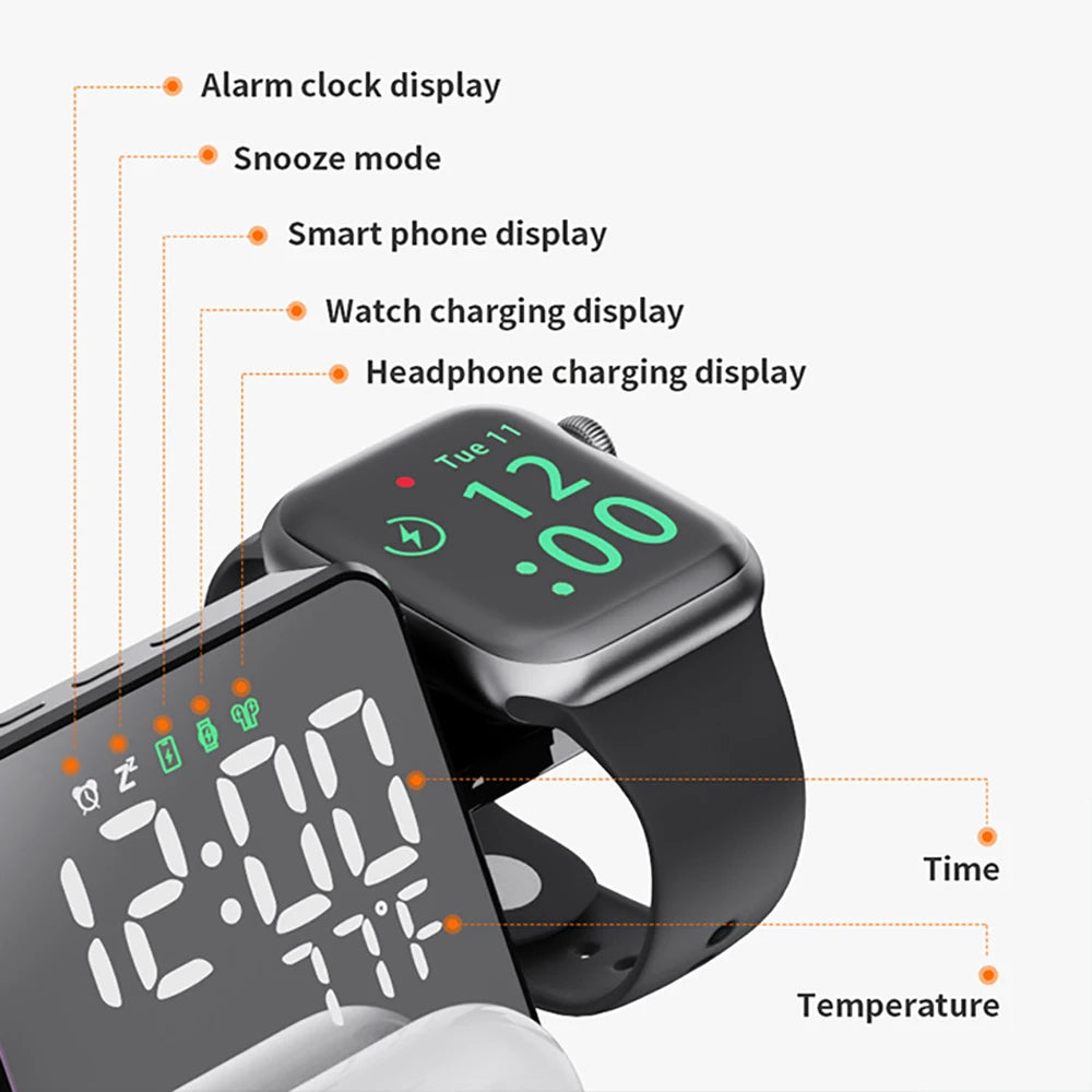3-in-1 Mirror Wireless Charging Station with Alarm Clock – Fast Charger for iPhone 12–15 Pro Max, Apple Watch & AirPods