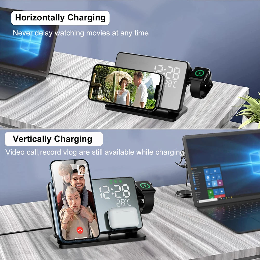 3-in-1 Mirror Wireless Charging Station with Alarm Clock – Fast Charger for iPhone 12–15 Pro Max, Apple Watch & AirPods