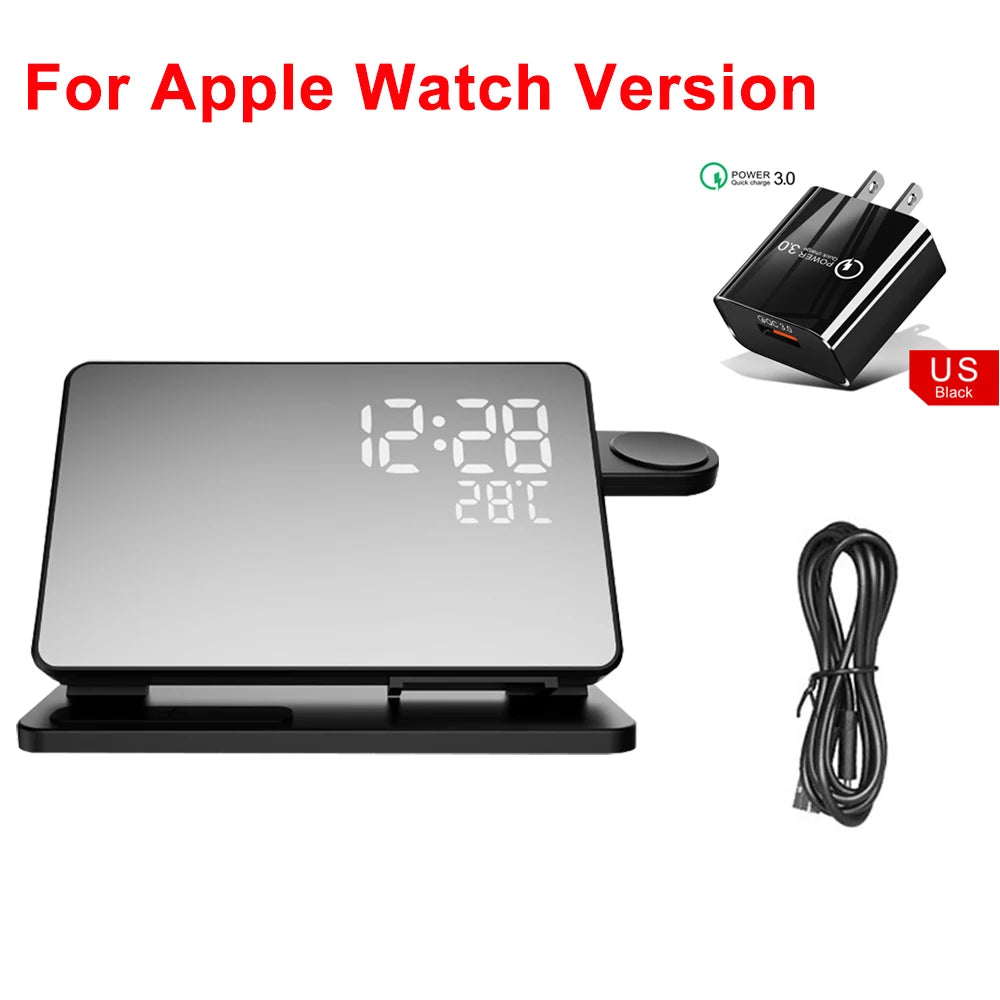 3-in-1 Mirror Wireless Charging Station with Alarm Clock – Fast Charger for iPhone 12–15 Pro Max, Apple Watch & AirPods