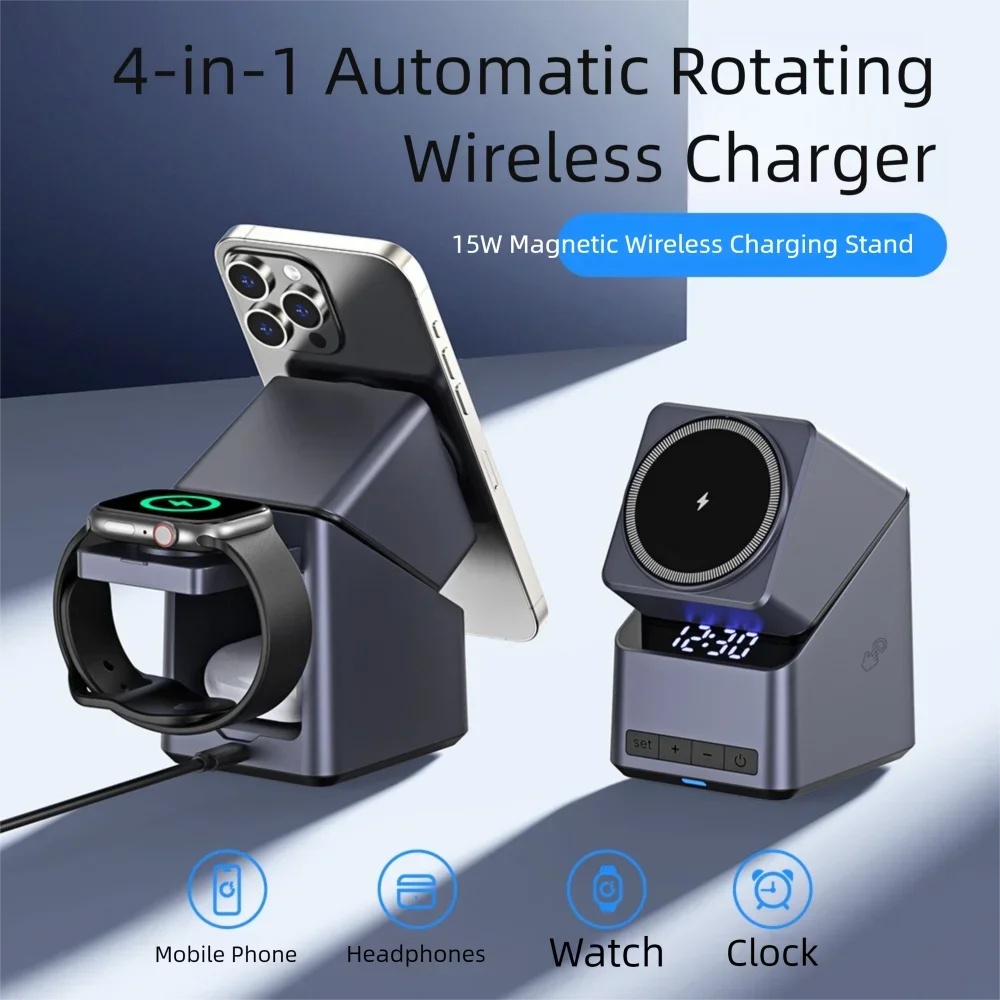 4-in-1 Magnetic Wireless Charging Station with 180° Auto-Rotate & LED Clock – Fast Charger for iPhone 12–16, Apple Watch & AirPods Pro