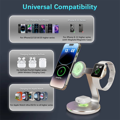 3-in-1 Magnetic Wireless Charging Station – 15W Fast Charger for iPhone 14/15/16 | 2025 Hot-Selling MagSafe Dock