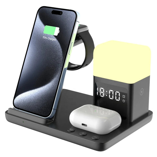 6-in-1 Wireless Charging Station for iPhone, Apple Watch & AirPods – Fast Charger with Clock & Lamp
