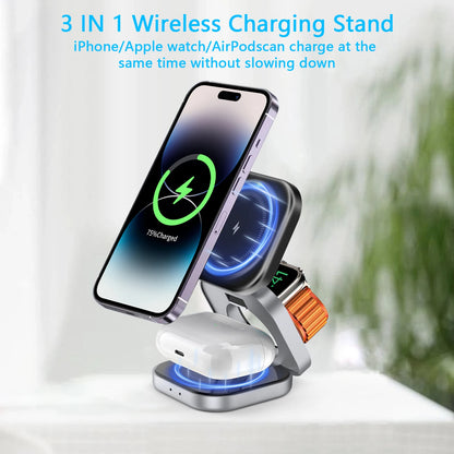 3-in-1 Foldable Magnetic Wireless Charger Stand – 15W Fast Charging Dock for iPhone, Apple Watch & AirPods