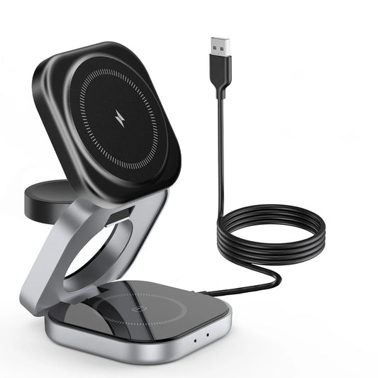 3-in-1 Foldable Magnetic Wireless Charger Stand – 15W Fast Charging Dock for iPhone, Apple Watch & AirPods