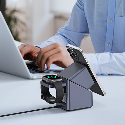 4-in-1 Magnetic Wireless Charging Station with 180° Auto-Rotate & LED Clock – Fast Charger for iPhone 12–16, Apple Watch & AirPods Pro