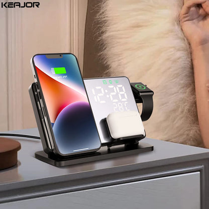 3-in-1 Mirror Wireless Charging Station with Alarm Clock – Fast Charger for iPhone 12–15 Pro Max, Apple Watch & AirPods