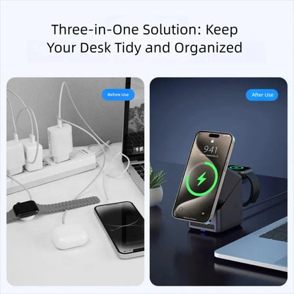 4-in-1 Magnetic Wireless Charging Station with 180° Auto-Rotate & LED Clock – Fast Charger for iPhone 12–16, Apple Watch & AirPods Pro