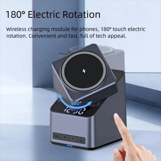4-in-1 Magnetic Wireless Charging Station with 180° Auto-Rotate & LED Clock – Fast Charger for iPhone 12–16, Apple Watch & AirPods Pro