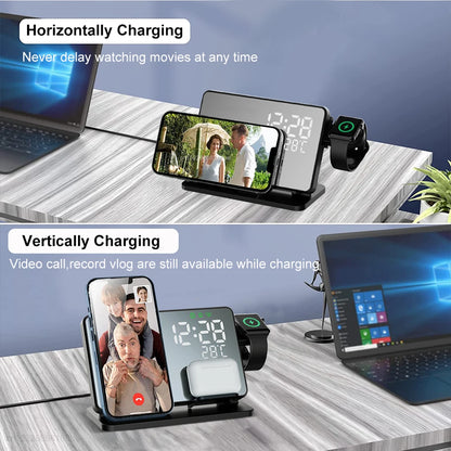 3-in-1 Mirror Wireless Charging Station with Alarm Clock – Fast Charger for iPhone 12–15 Pro Max, Apple Watch & AirPods